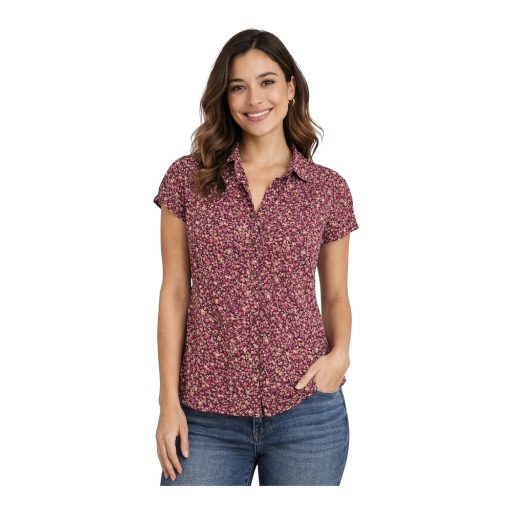 Sonoma Short-Sleeve Floral Button-Front Top in Berry Floral